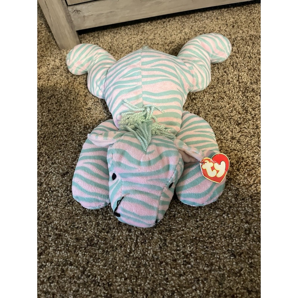 TY 14" Pillow Pal Zulu Zebra Plush Stuffed Animal Pastel Pink Green 1996‎